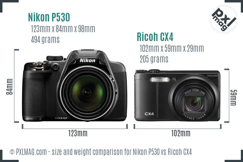 Nikon P530 vs Ricoh CX4 size comparison