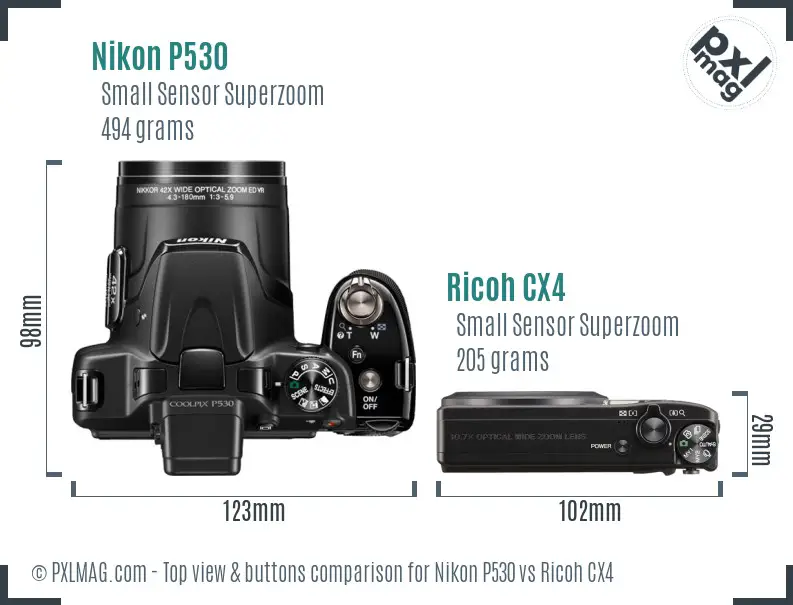 Nikon P530 vs Ricoh CX4 top view buttons comparison