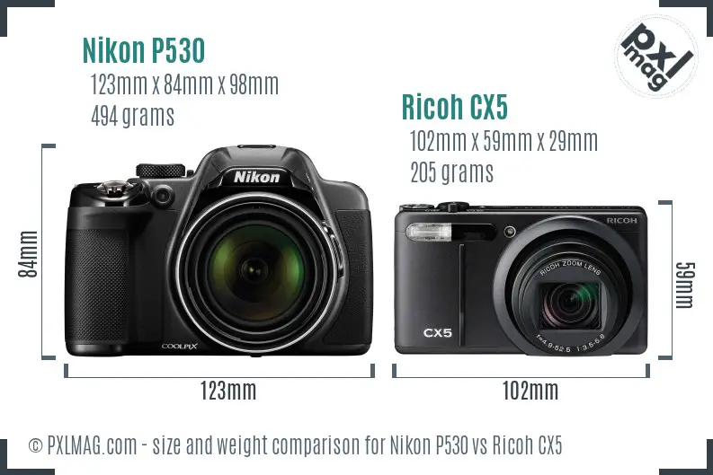 Nikon P530 vs Ricoh CX5 size comparison