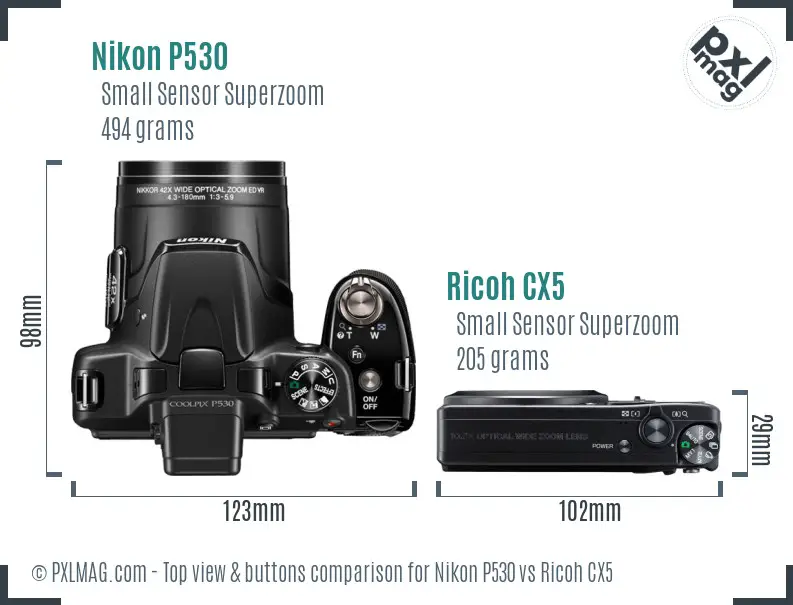 Nikon P530 vs Ricoh CX5 top view buttons comparison