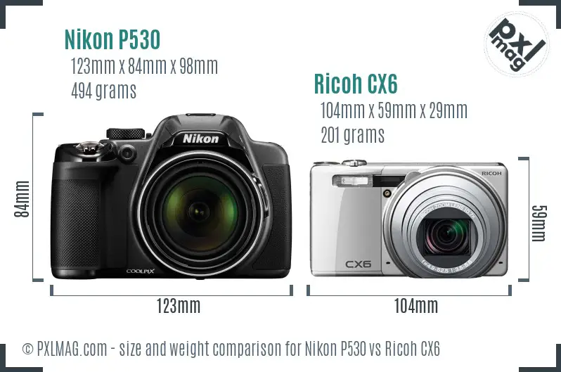 Nikon P530 vs Ricoh CX6 size comparison