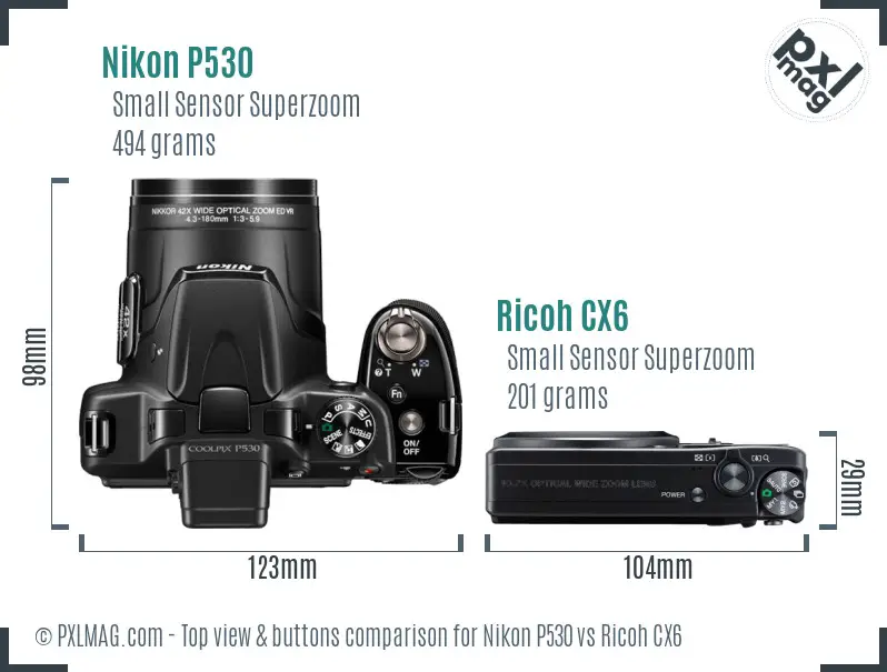 Nikon P530 vs Ricoh CX6 top view buttons comparison