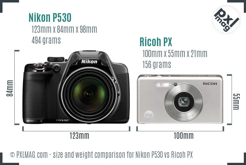 Nikon P530 vs Ricoh PX size comparison