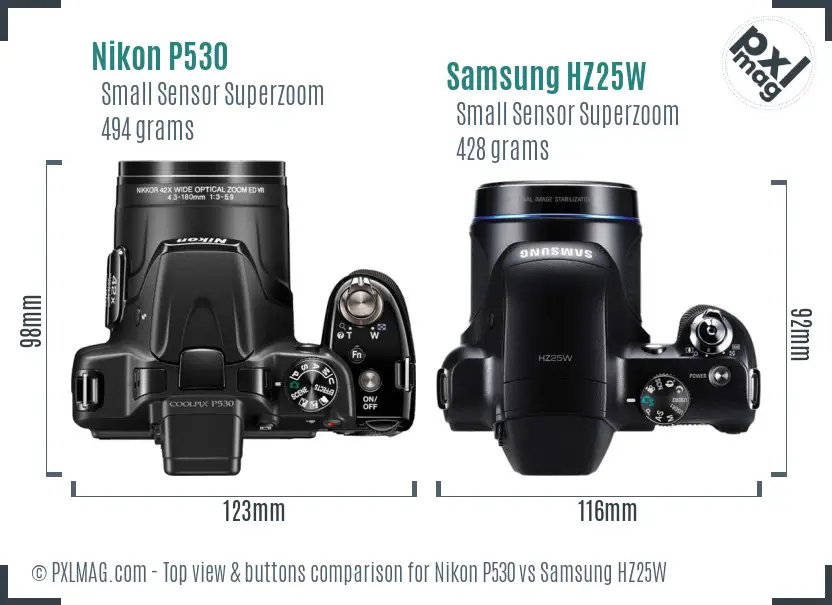 Nikon P530 vs Samsung HZ25W top view buttons comparison