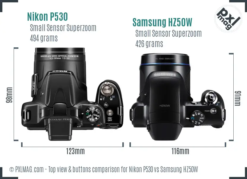 Nikon P530 vs Samsung HZ50W top view buttons comparison Nikon P530 vs Samsung HZ50W top view buttons comparison