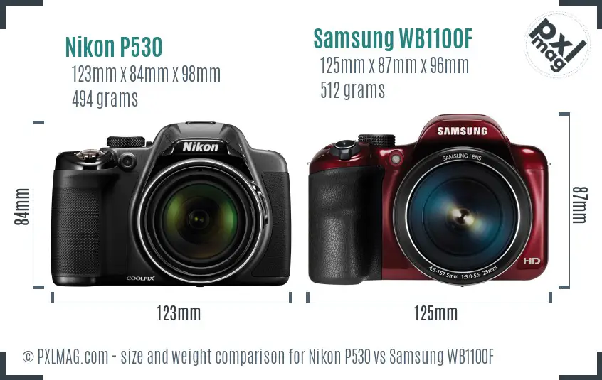 Nikon P530 vs Samsung WB1100F size comparison