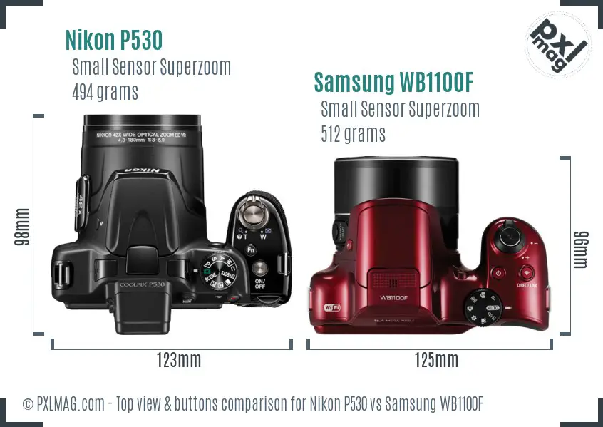 Nikon P530 vs Samsung WB1100F top view buttons comparison
