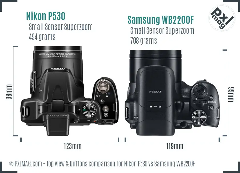 Nikon P530 vs Samsung WB2200F top view buttons comparison Nikon P530 vs Samsung WB2200F top view buttons comparison