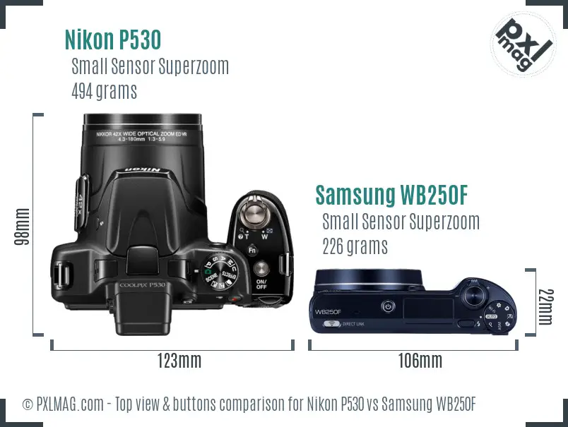 Nikon P530 vs Samsung WB250F top view buttons comparison Nikon P530 vs Samsung WB250F top view buttons comparison