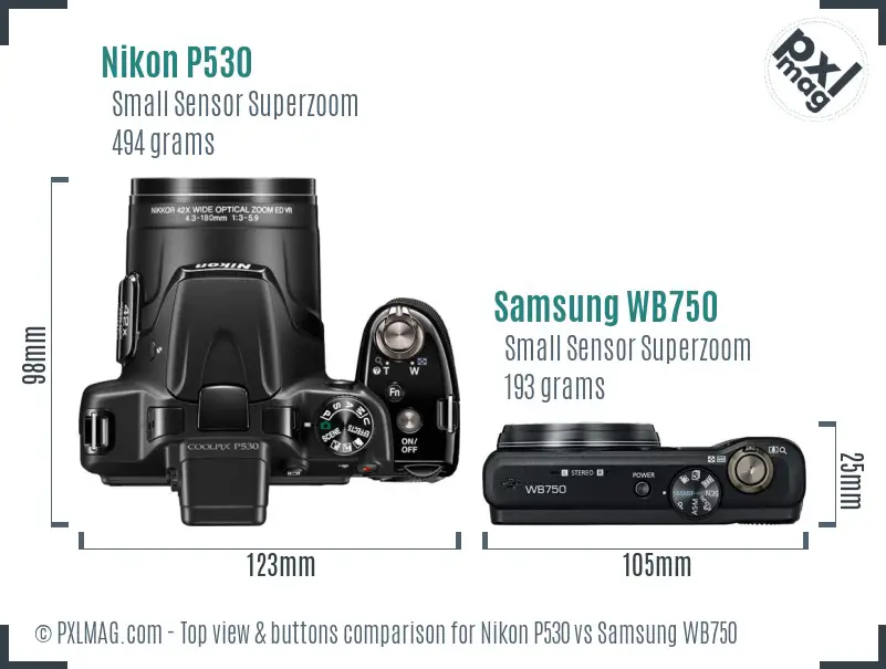 Nikon P530 vs Samsung WB750 top view buttons comparison