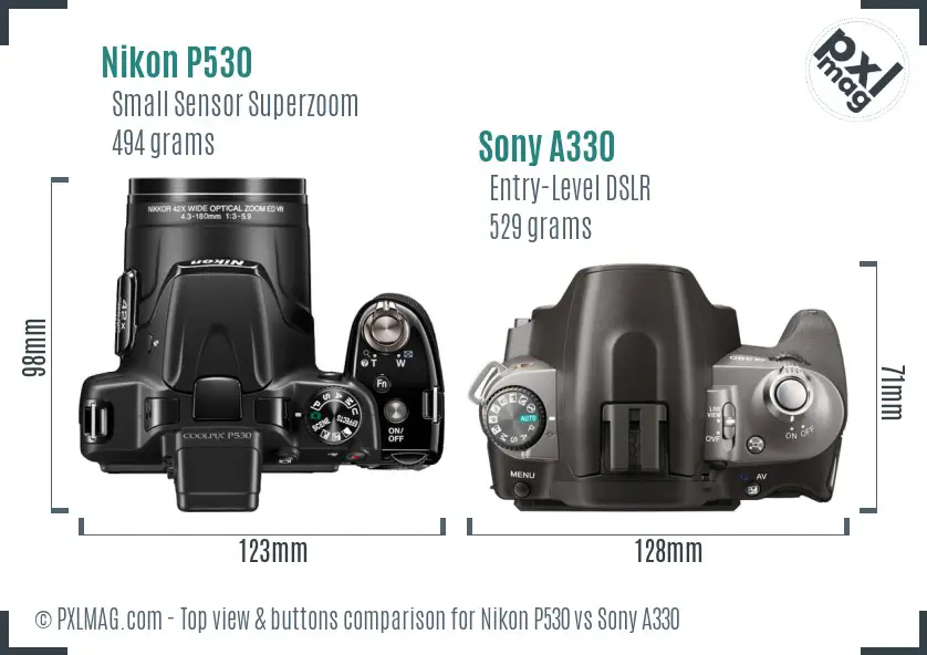 Nikon P530 vs Sony A330 top view buttons comparison