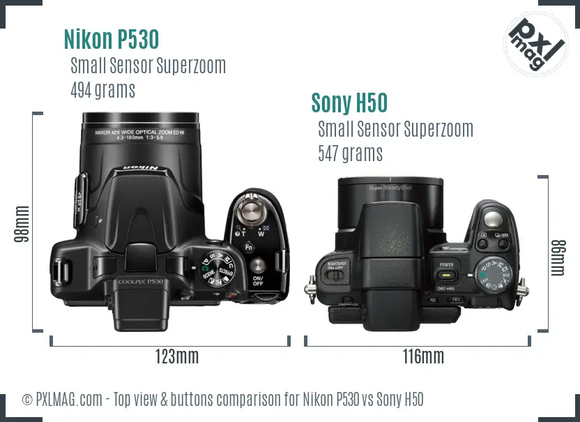 Nikon P530 vs Sony H50 top view buttons comparison Nikon P530 vs Sony H50 top view buttons comparison
