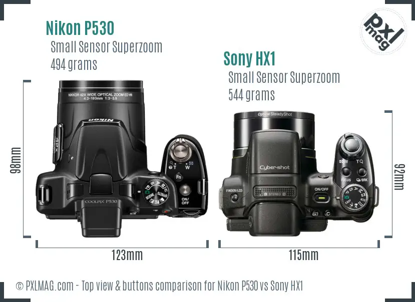 Nikon P530 vs Sony HX1 top view buttons comparison