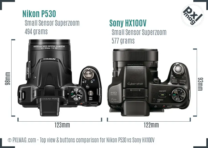 Nikon P530 vs Sony HX100V top view buttons comparison
