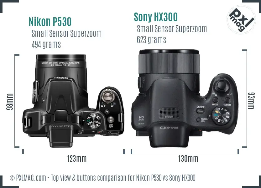 Nikon P530 vs Sony HX300 top view buttons comparison