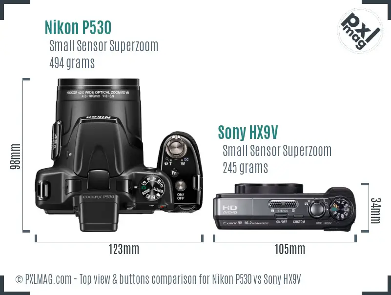 Nikon P530 vs Sony HX9V top view buttons comparison