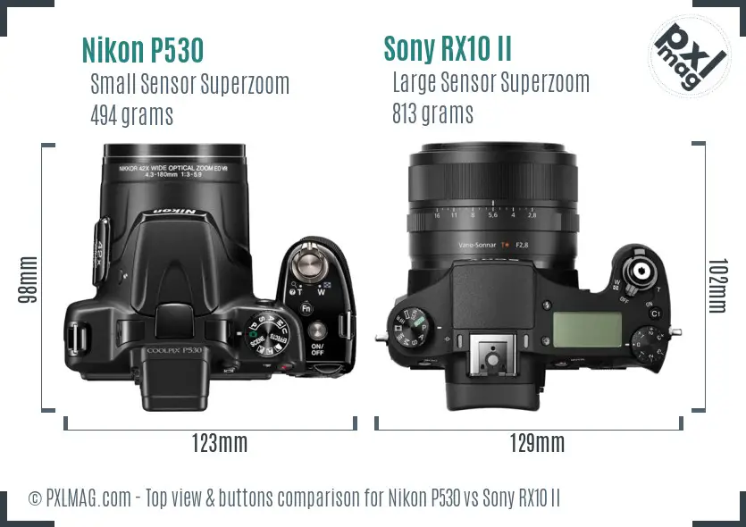 Nikon P530 vs Sony RX10 II top view buttons comparison Nikon P530 vs Sony RX10 II top view buttons comparison