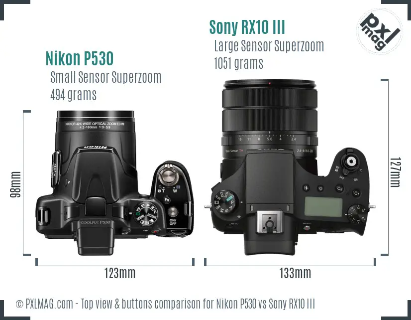 Nikon P530 vs Sony RX10 III top view buttons comparison Nikon P530 vs Sony RX10 III top view buttons comparison