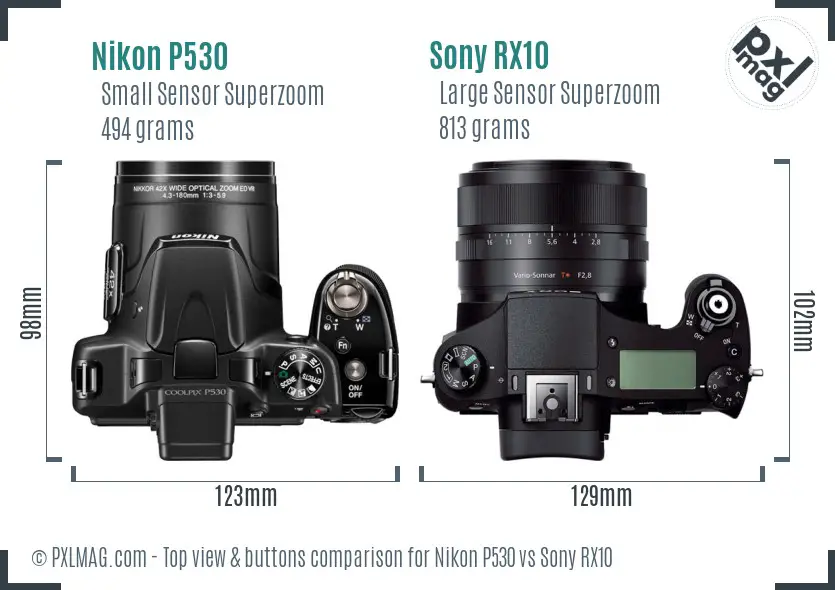 Nikon P530 vs Sony RX10 top view buttons comparison Nikon P530 vs Sony RX10 top view buttons comparison