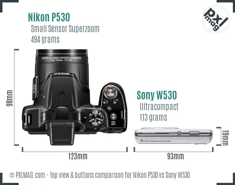 Nikon P530 vs Sony W530 top view buttons comparison