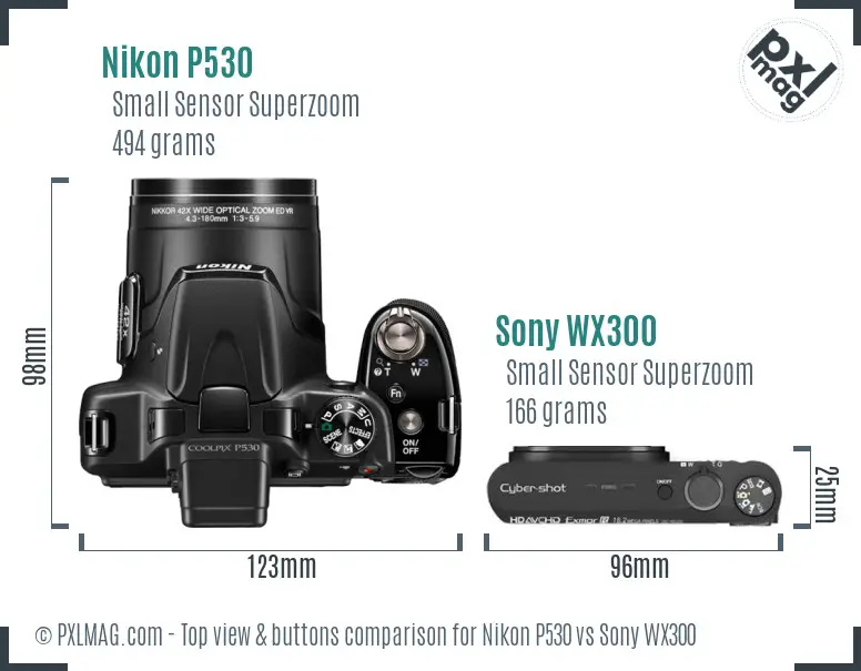 Nikon P530 vs Sony WX300 top view buttons comparison
