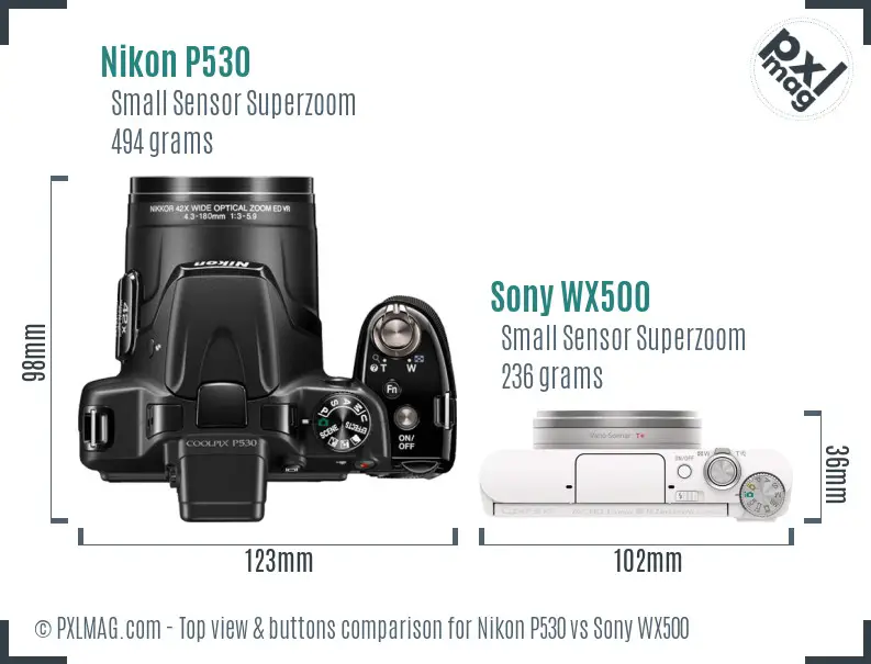 Nikon P530 vs Sony WX500 top view buttons comparison