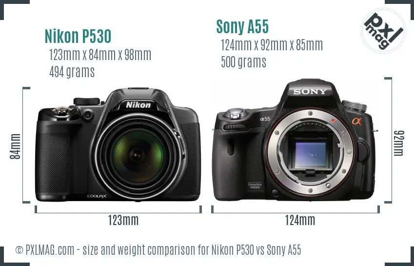 Nikon P530 vs Sony A55 size comparison