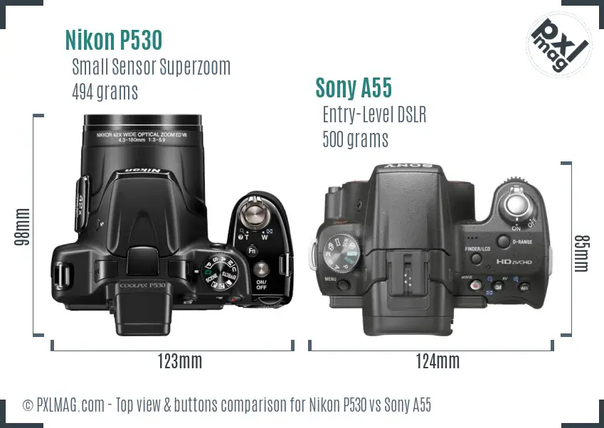 Nikon P530 vs Sony A55 top view buttons comparison