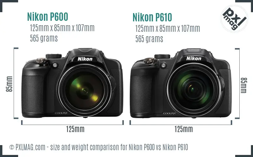 Nikon P600 vs Nikon P610 size comparison