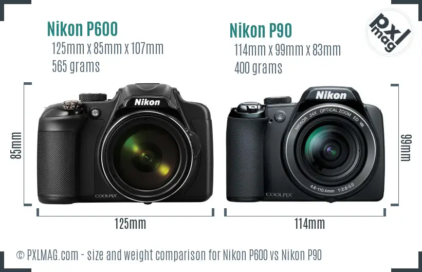 Nikon P600 vs Nikon P90 size comparison