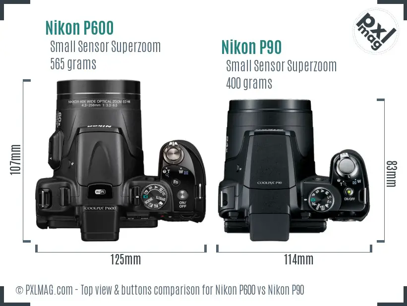 Nikon P600 vs Nikon P90 top view buttons comparison