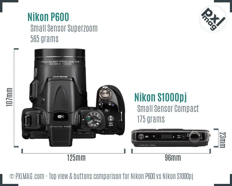 Nikon P600 vs Nikon S1000pj top view buttons comparison