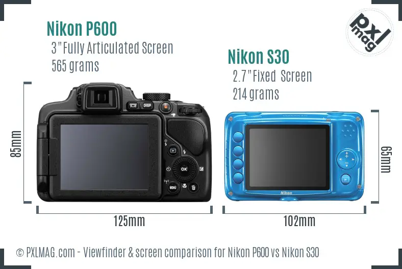 Nikon P600 vs Nikon S30 Screen and Viewfinder comparison