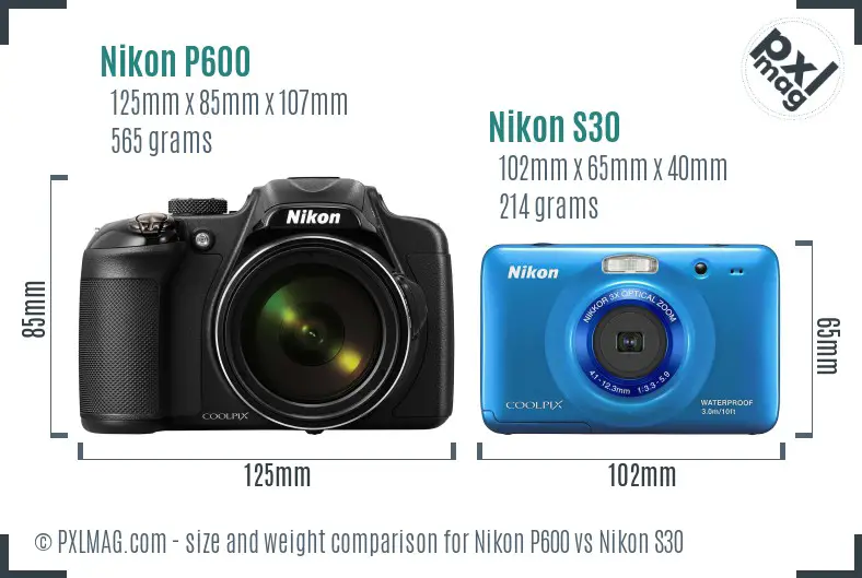 Nikon P600 vs Nikon S30 size comparison