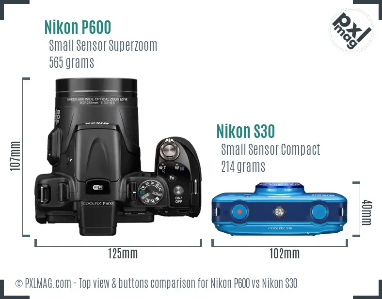 Nikon P600 vs Nikon S30 top view buttons comparison