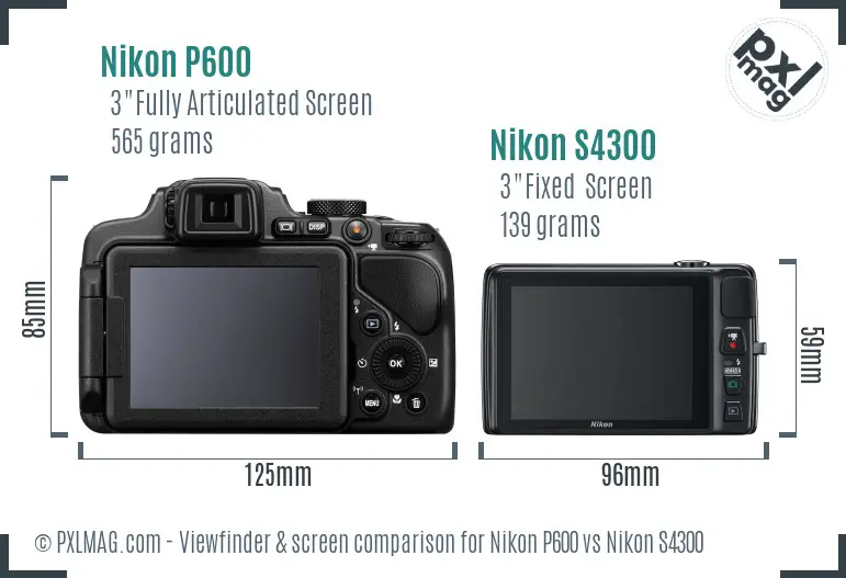 Nikon P600 vs Nikon S4300 Screen and Viewfinder comparison