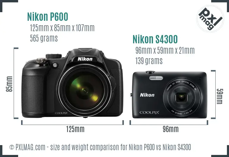 Nikon P600 vs Nikon S4300 size comparison