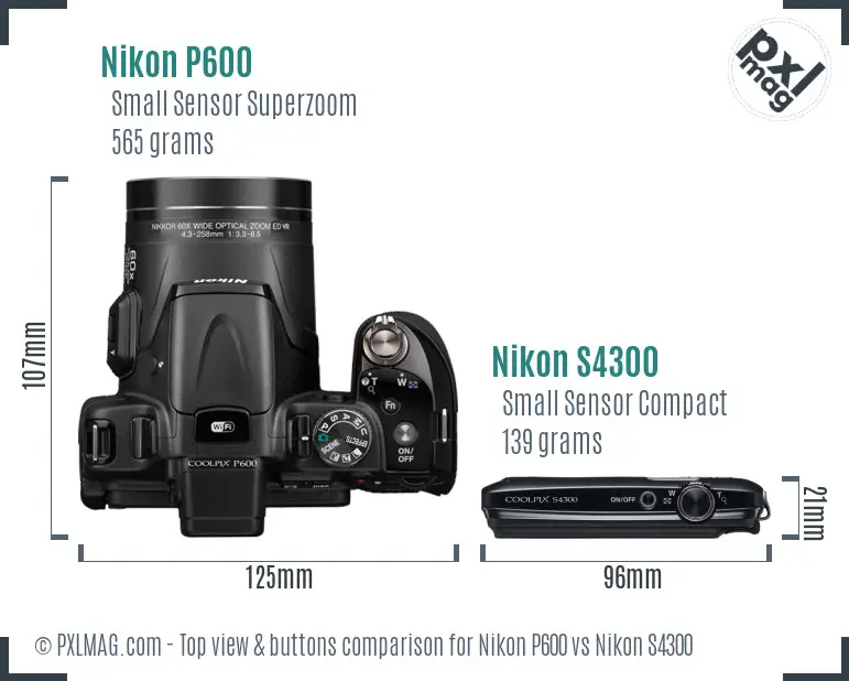 Nikon P600 vs Nikon S4300 top view buttons comparison