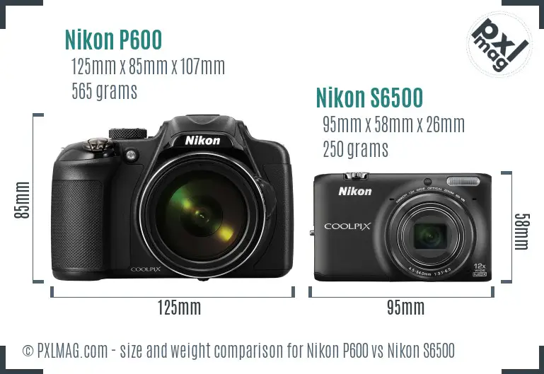 Nikon P600 vs Nikon S6500 size comparison