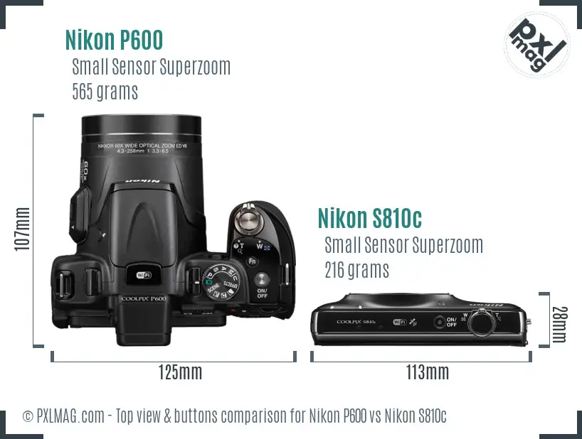 Nikon P600 vs Nikon S810c top view buttons comparison Nikon P600 vs Nikon S810c top view buttons comparison