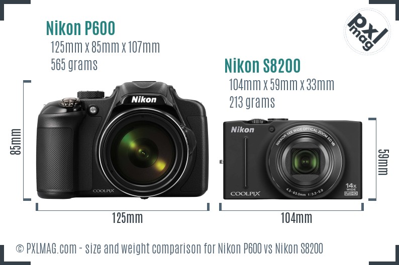 Nikon P600 vs Nikon S8200 size comparison