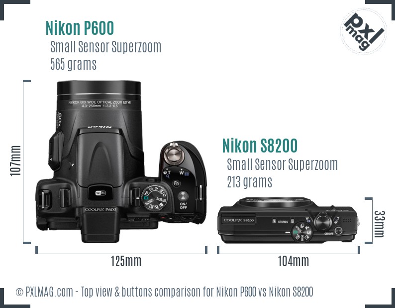 Nikon P600 vs Nikon S8200 top view buttons comparison