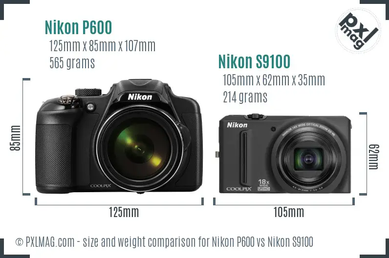 Nikon P600 vs Nikon S9100 size comparison