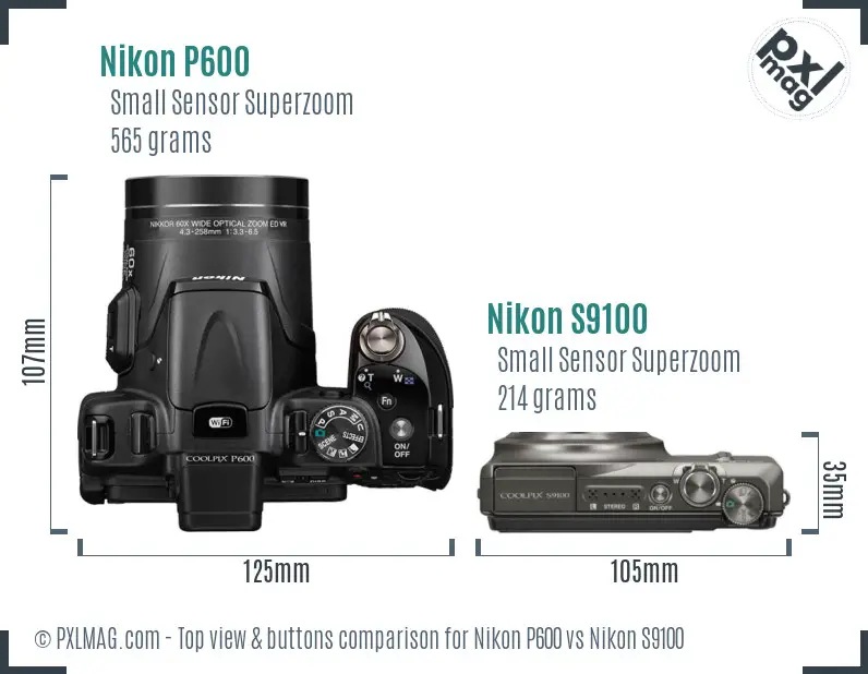 Nikon P600 vs Nikon S9100 top view buttons comparison