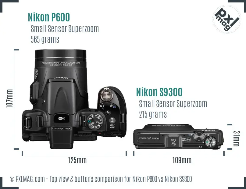 Nikon P600 vs Nikon S9300 top view buttons comparison