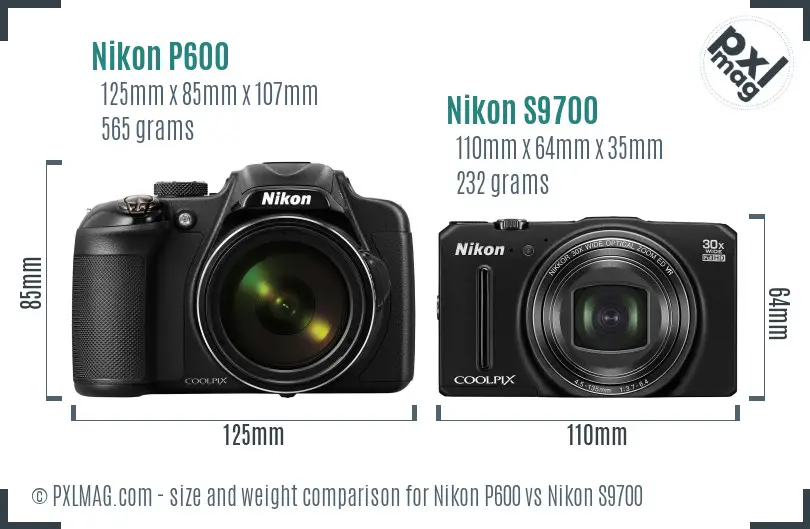 Nikon P600 vs Nikon S9700 size comparison