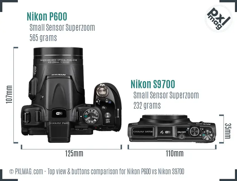 Nikon P600 vs Nikon S9700 top view buttons comparison