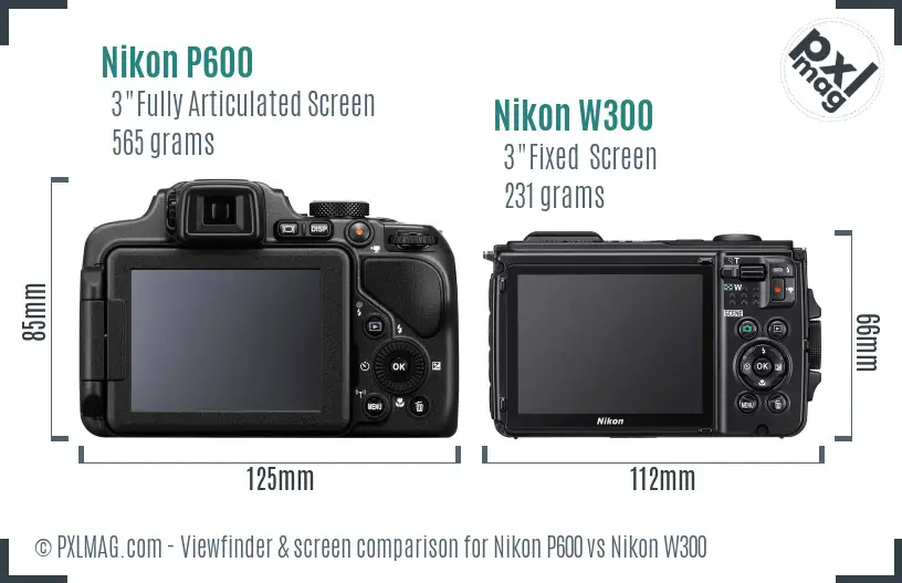 Nikon P600 vs Nikon W300 Screen and Viewfinder comparison