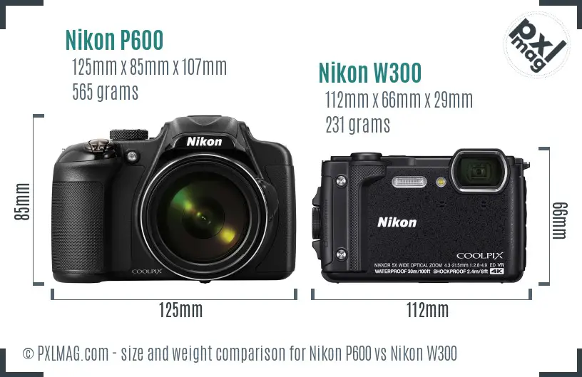 Nikon P600 vs Nikon W300 size comparison