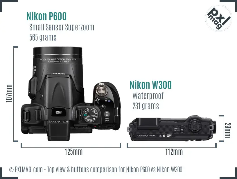 Nikon P600 vs Nikon W300 top view buttons comparison